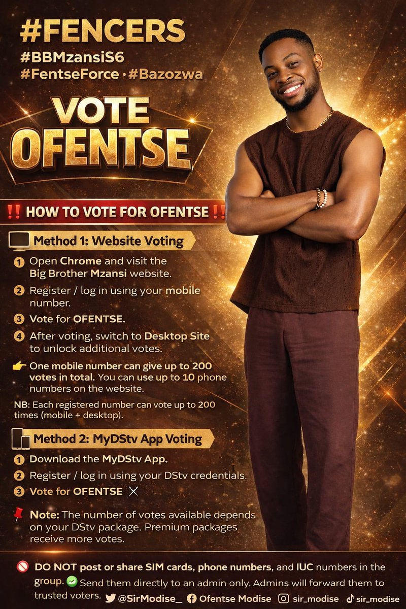 SirModise_'s tweet image. Today is the day! Head to the polls and mark X for Ofentse. Every vote matters! 🗳️"
"Your voice is your power. Use it to support Ofentse today! 🗣️⚡"📌 

OFENTSE THE FORCE
OFENTSE MODISE
#Fencers ⚔️
#FentseForc
#BBMzansiS6
