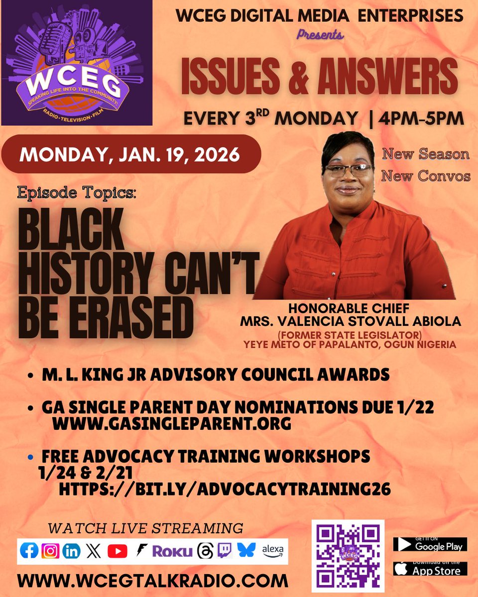 ValenciaStovall's tweet image. Join us today Mon. Jan 19th at 4pm for Issues and Answers on @Wcegtalkradio 
👏 NEW YEAR NEW 2026 TOPICS
✅ Black History Can’t Be Erased

Watch livestream: FB YT IN - 
Now on Twitch 
#WCEGNetwork
WCEG TV Channel
wcegtalkradio.com
#KingDay #Singleparent #advocacy