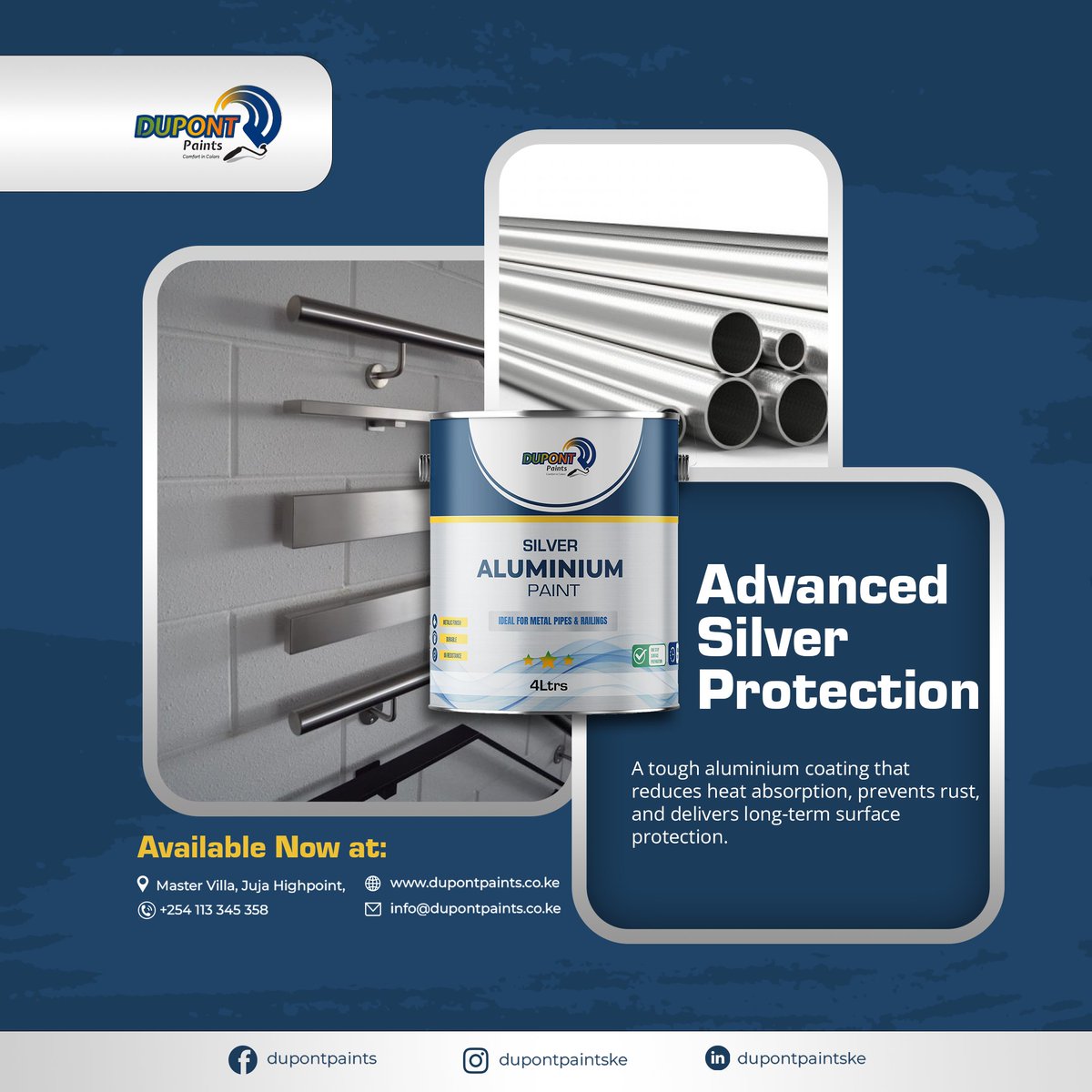 Dupontpaints's tweet image. Strong protection starts with the right coating.
Dupont Silver Aluminium Paint resists heat, prevents rust, and lasts longer.
📞 Call +254 113 345 358 to order today.
#DupontPaints #SilverAluminiumPaint #MetalProtection #RustPrevention #HeatResistant #IndustrialCoatings