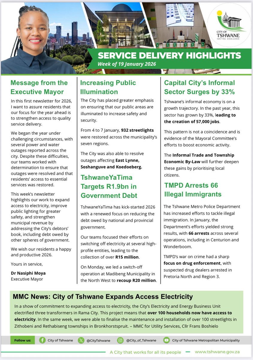 From the Mayor’s Desk: This week’s newsletter highlights TMPD’s arrest of 66 illegal immigrants and #TshwaneYaTima’s focus on collecting government debt. <a href="/CityTshwane/">City of Tshwane</a>