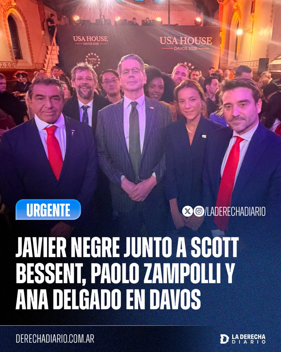 laderechadiario's tweet image. 🚨🇦🇷🇺🇸🇮🇹🇵🇦 | LA DERECHA DIARIO JUEGA EN LAS GRANDES LIGAS: La foto de Javier Negre junto al secretario del Tesoro de Trump, Scott Bessent, el enviado especial de Trump para alianzas globales, Paolo Zampolli, y la embajadora de Panamá ante OEA, Ana Delgado, en el Foro de Davos.