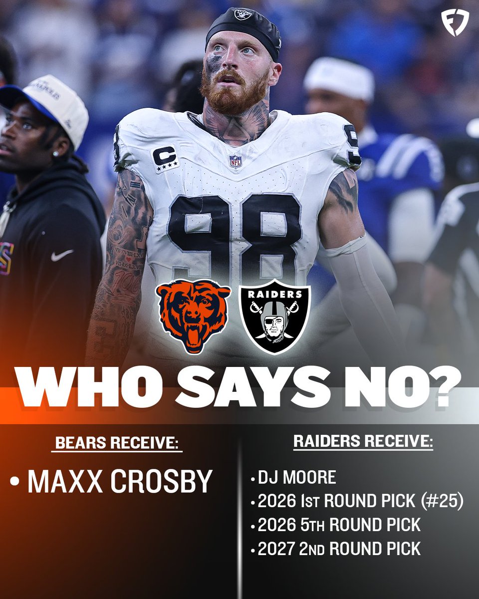 FanDuel's tweet image. The Raiders get a WR1. 
The Bears get a superstar EDGE. 

Should Chicago &amp;amp; Las Vegas make this move to send Mad Maxx to the Windy City? 🤔