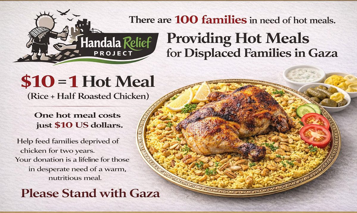 Handala_Relief's tweet image. In the heart of Yaffa Camp in Gaza, hundreds of families struggle with hunger and cold, children here haven’t tasted chicken for two whole years, two years of deprivation, malnutrition, and waiting.

Our next project is to provide 100 hot meals to displaced families, hoping to…