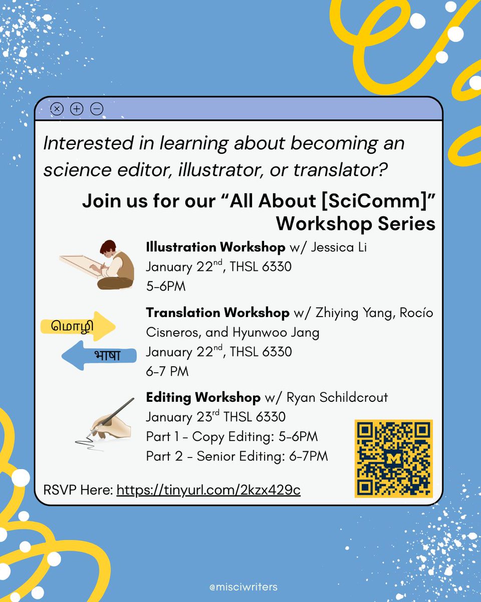 MiSciWriters's tweet photo. We is excited to announce the return of our core workshop series: All About Editing, All About Translation, and All About Illustration workshops! These workshops will be led by individuals from the MiSciWriters editorial team. RSVP here: https://t.co/yAYA6EebMO https://t.co/eY2WvUhoCi