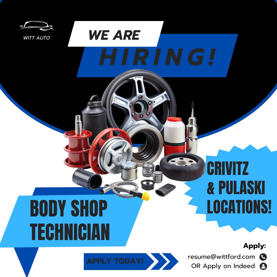 NOW HIRING – Automotive Body Shop Technicians
Crivitz &amp; Pulaski locations

Apply today!
Send your resume to resume@wittford.com or on Indeed