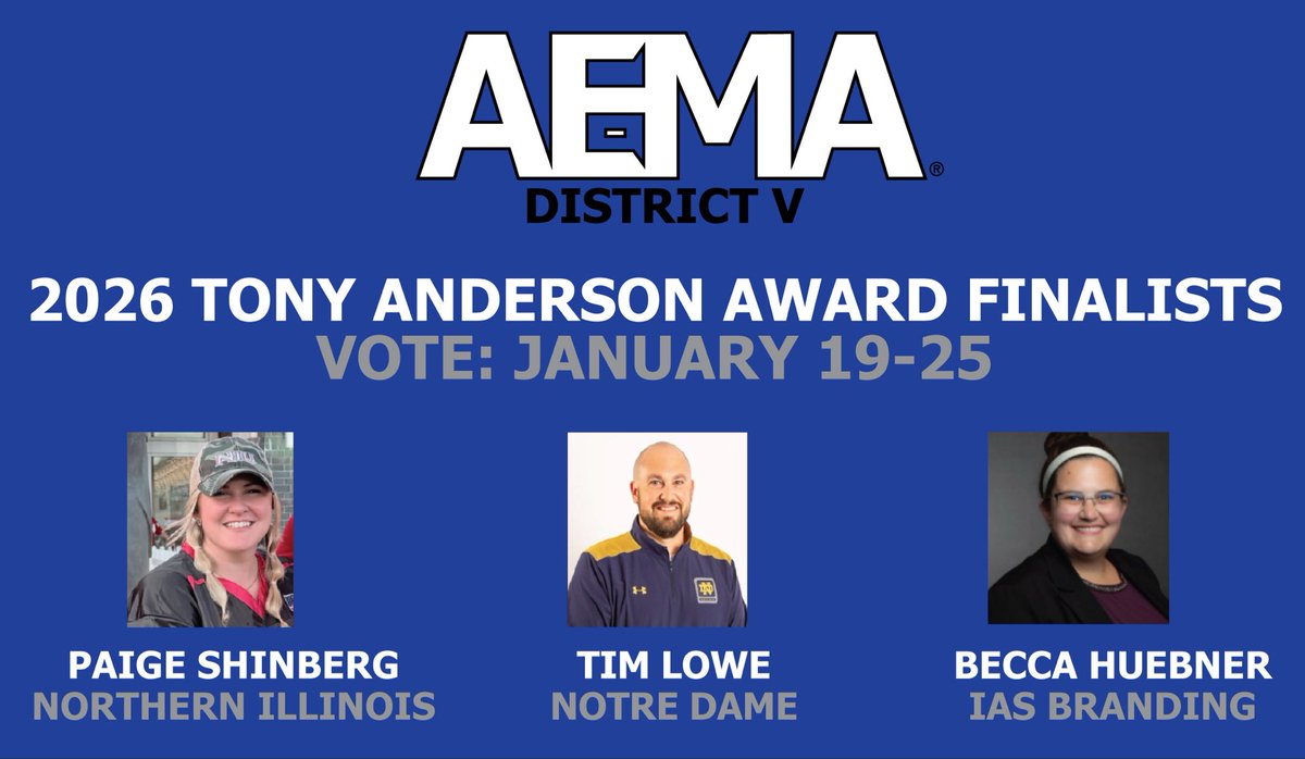 AEMA_District5's tweet image. Voting is now open for the @AEMA_74 District V 2026 Tony Anderson award!

Our three finalists this year are Paige Shinberg, Tim Lowe, and Becca Huebner.