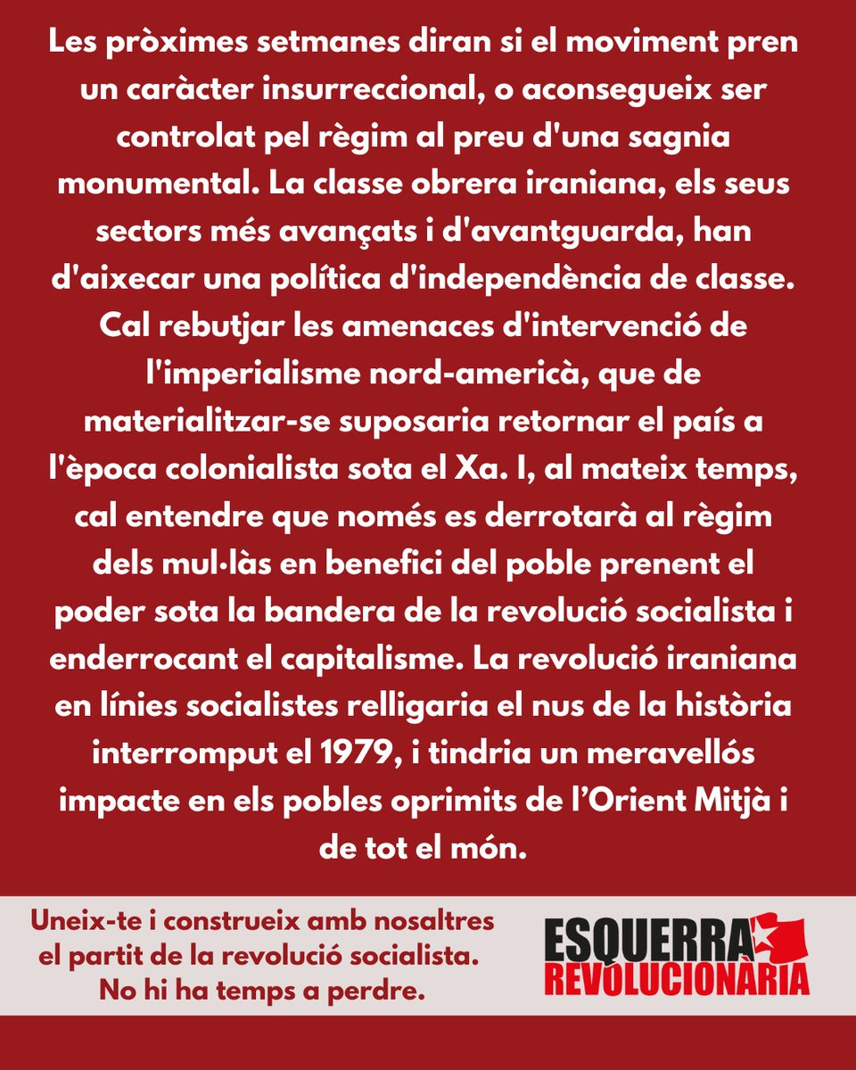La repressió salvatge no frena l'aixecament contra el règim dels mul·làs. Només es derrotarà al règim dels mul·làs en benefici del poble prenent el poder sota la bandera de la revolució socialista i enderrocant el capitalisme.
esquerrarevolucionaria.net/index.php/inte…