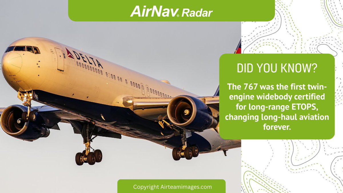 AirNavRadar's tweet image. The Boeing 767 was the first twin-engine widebody certified for long-range ETOPS — rules that allow twin-engine aircraft to fly farther from diversion airports safely.

Track them all with our app: airnavradar.go.link/1iDNA

#aviationfacts #boeing #boeing767