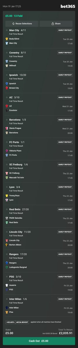 400/1 midweek acca 🌞

£5 to £2,000 big boom pending ⏳

Add To Your Bet Slip - bet365.com/s/r/bsXcZ