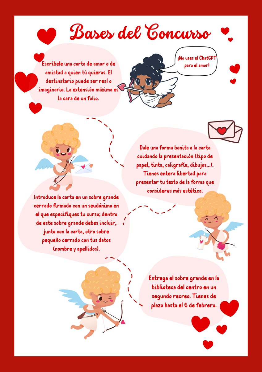 Desde el Departamento de Lengua y Literatura, y la biblioteca, se convoca el concurso de cartas de amor. Puedes consultar las bases en los carteles adjuntos y tablones del instituto.