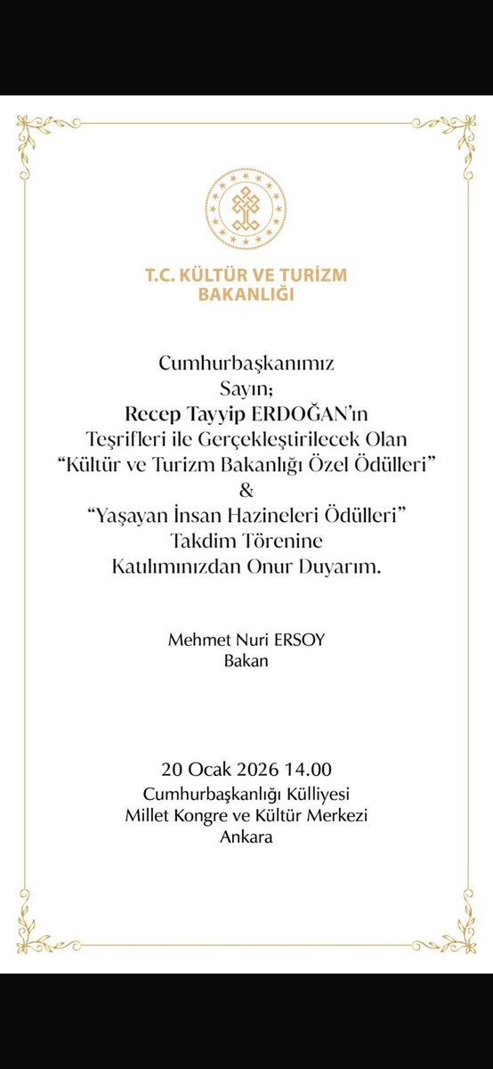 Sayın Bakanımızın davetine icabet ederek uzun bir aradan sonra tekrar sayın Cumhurbaşkanımızı yakından görmek nasip olacak inşaallah.🤲🤲 Kültür ve Turizm Bakanımızın nazik daveti için kendilerine ve tüm ekibine çok teşekkür ediyorum.