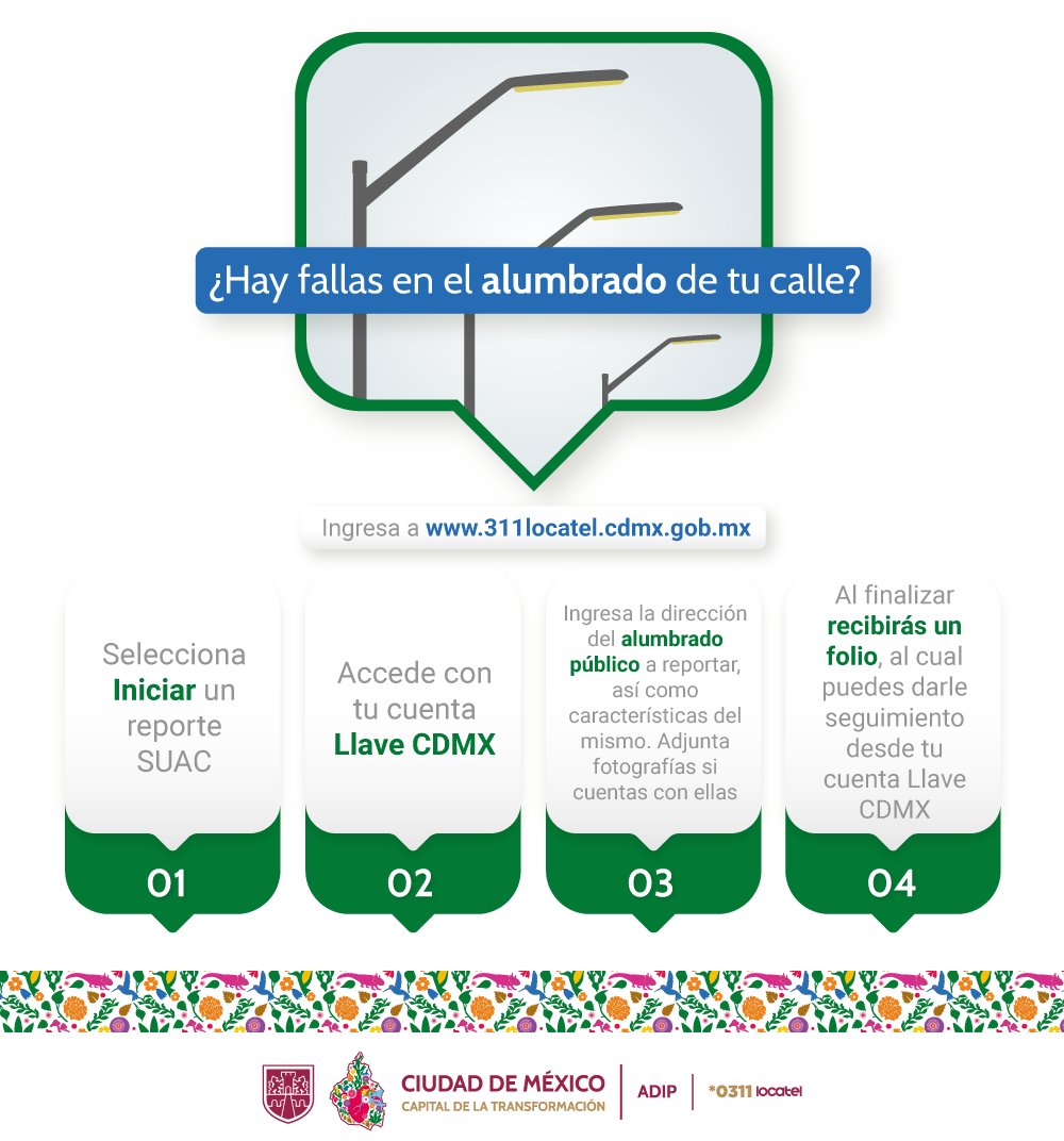 ¿Hay una luminaria en tu calle que falla?💡
Aquí te decimos paso a paso como reportarlo en 311locatel.cdmx.gob.mx/home.xhtml 

Recuerda que ante cualquier duda, Locatel.

#LocatelContigo