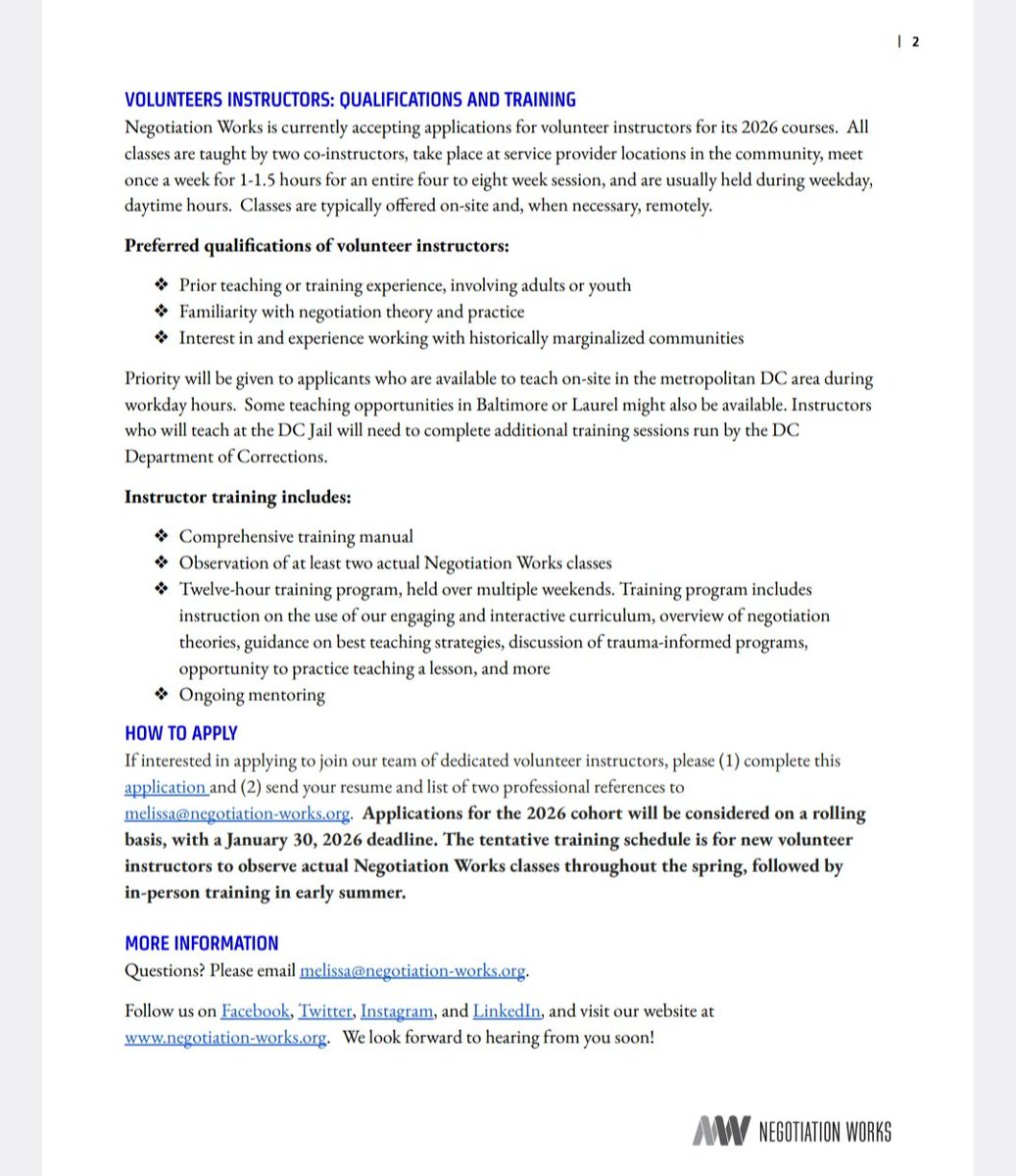 NCAPA is sharing a volunteer instructor opportunity with Negotiation Works for its 2026 cohort.

🔗 Apply: bit.ly/NW_Negotiation…
🗓️ Deadline: Jan. 30, 2026
📧 Resume + 2 references to melissa@negotiation-works.org

#NCAPA #NegotiationWorks #VolunteerOpportunity