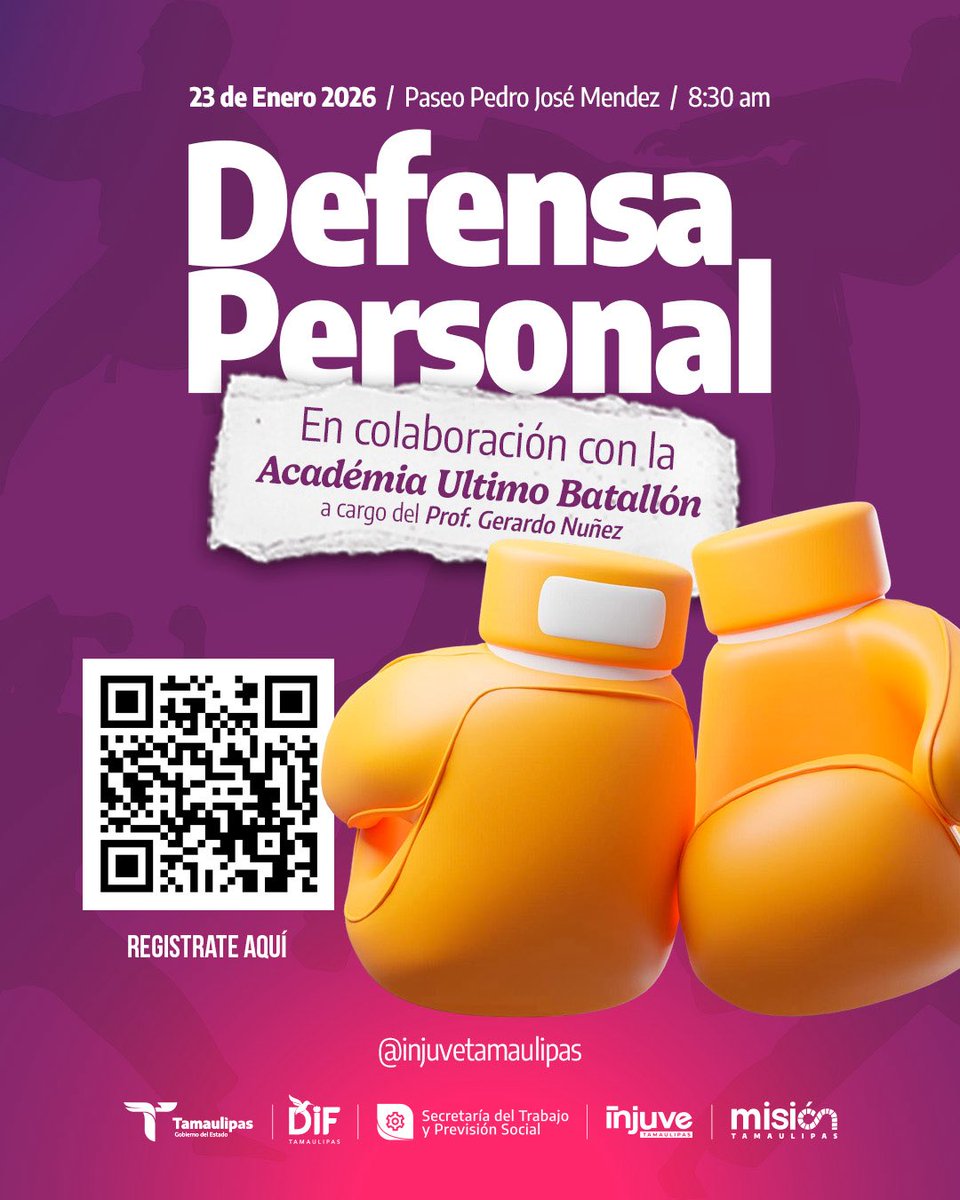¡Sentirte fuerte, seguro y con confianza también se aprende!💪🏼

El Injuve Tamaulipas en colaboración con la Academia el Último Batallón te invitamos a participar en esta capacitación básica para defensa personal el día 23 de enero en el Paseo Méndez, te esperamos a las 8:30 am.