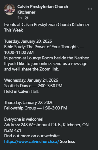 CalvinKitchener's tweet photo. Look forward to this week's events at Calvin Presbyterian Church Kitchener! https://t.co/xbvN6h3uLV