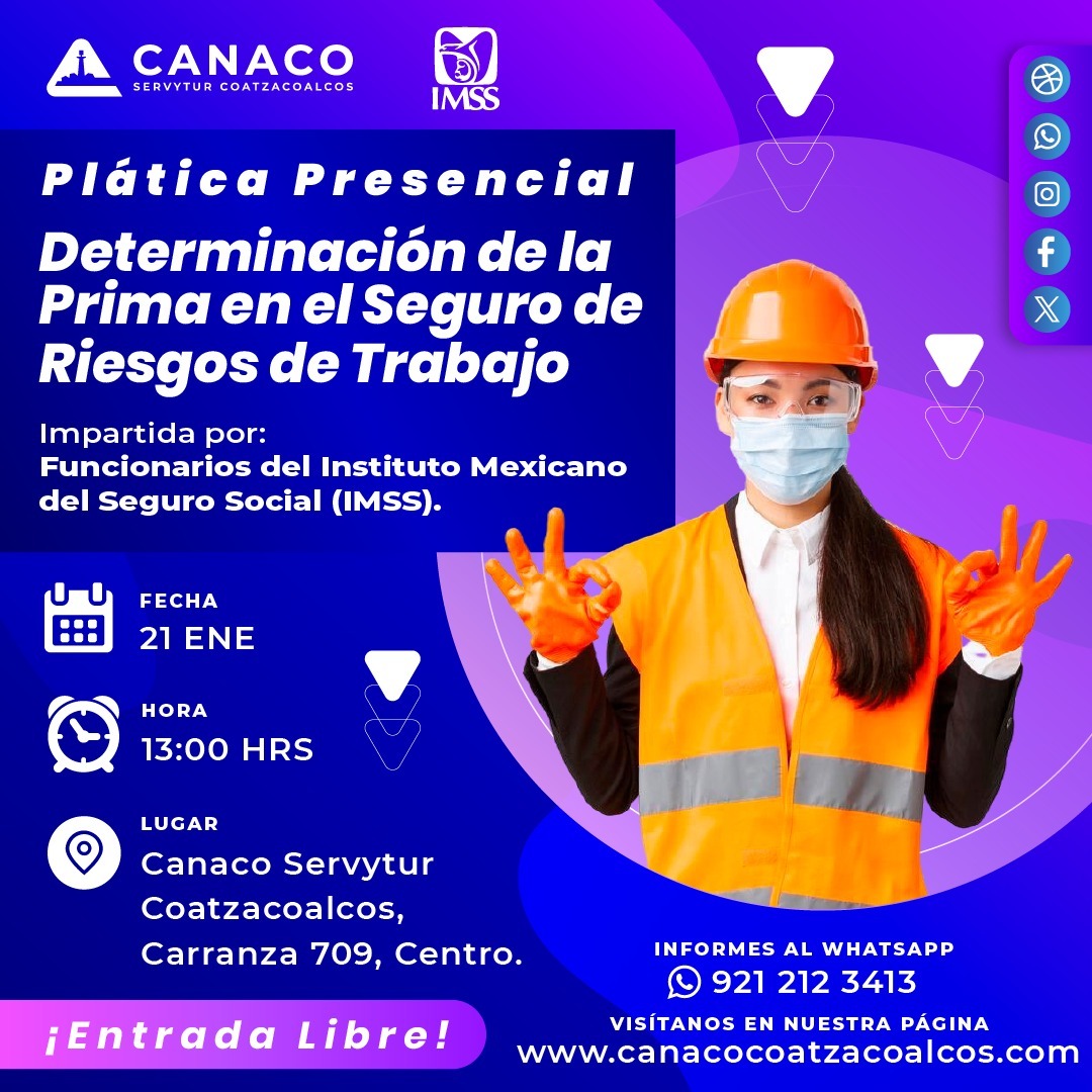 CANACOCoatza's tweet photo. Conoce a quiénes deben presentar la Declaración Anual de Riesgos de Trabajo, como calcular y enfrentar rectificaciones de la prima del seguro de Riesgo de Trabajo.

¡Te esperamos!🙌🏽
📅 Miércoles 21 de enero
📍 Salón CANACO Coatzacoalcos
Plática gratuita

#Coatza #Canaco https://t.co/Co4siZxx4a