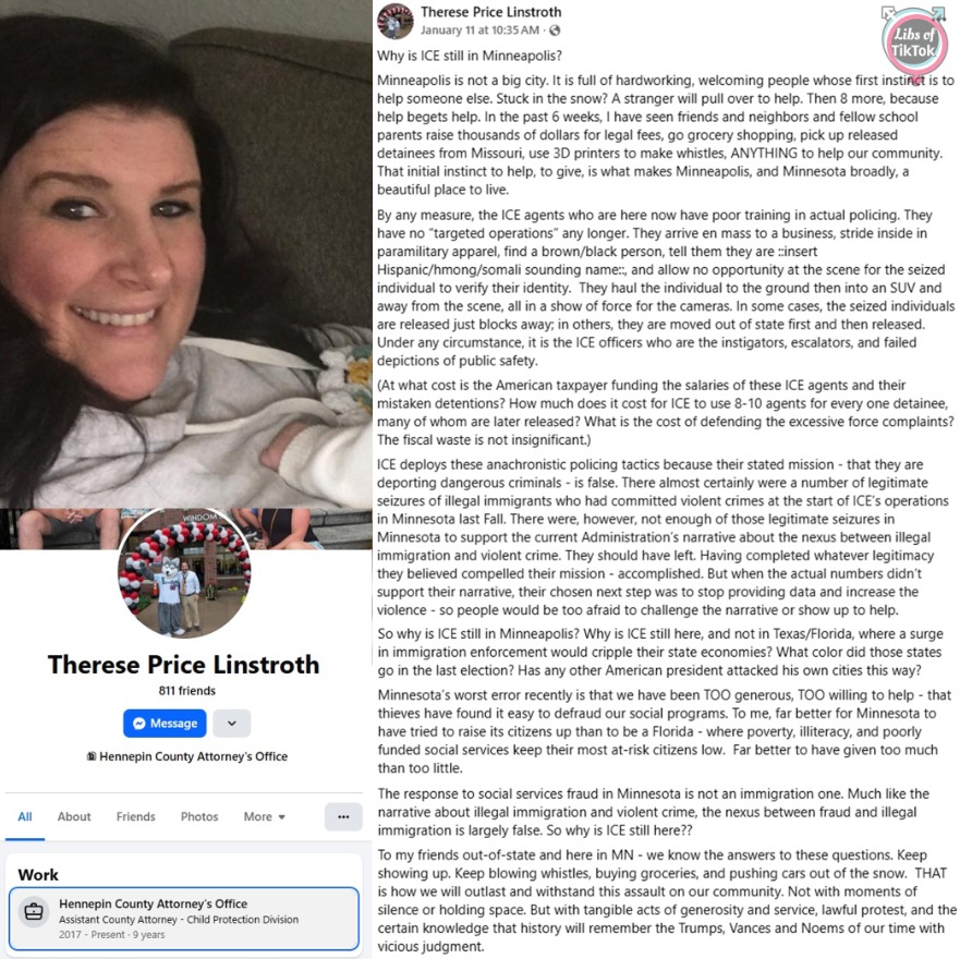 libsoftiktok's tweet image. Meet Therese Prince Linstroth, an Assistant Attorney at the Hennepin County, MN Attorney’s Office. She went on a long rant attacking ICE for arresting criminal illegals, encouraged more protests, and made excuses for the massive Somali fraud schemes.

Your taxes pay her salary.…