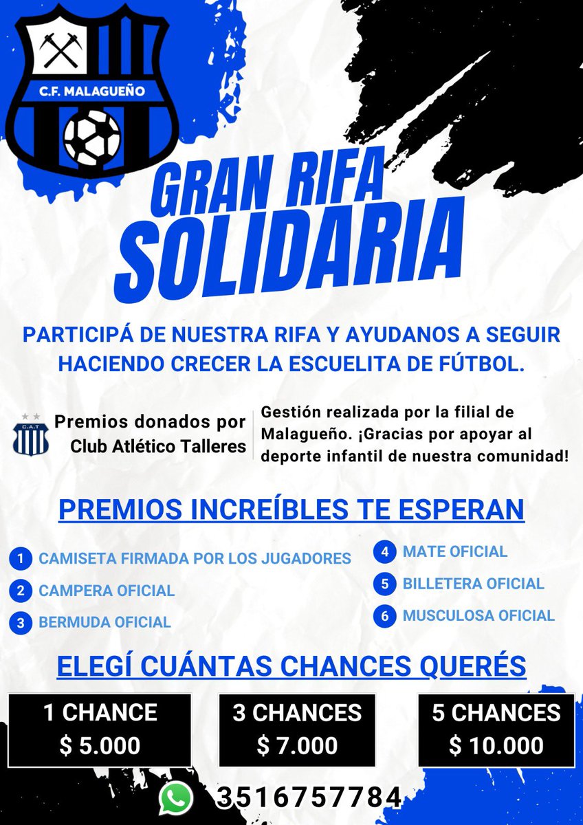 Rifa solidaria para la escuelita de futbol de <a href="/MalaguenoCF/">CF Malagueño</a>💙🖤

<a href="/CATalleresdecba/">Club Atlético Talleres</a> donó algunas cosas para rifar y juntar recursos para comprar elementos de entrenamiento

Se agradece la colaboración comprando números y dando difusión con comentarios, like y RT

Alias: CF.MALAGUENO