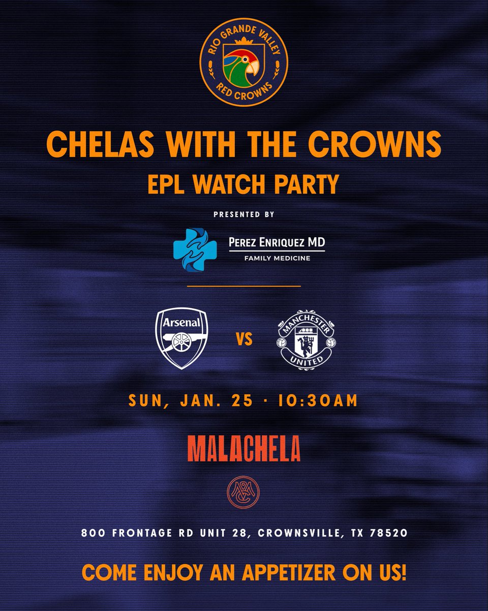 Coffee &amp; Crowns is back!
Join us at Malachela in Brownsville for EPL action: Arsenal vs Manchester United
Calling all Red Devils and Gunners of the RGV, pull up for great coffee, good vibes, and yes... chelas too 
See you Sunday morning
📍 Malachela
⏰ 10:30 am
📅 Sun, Jan 25