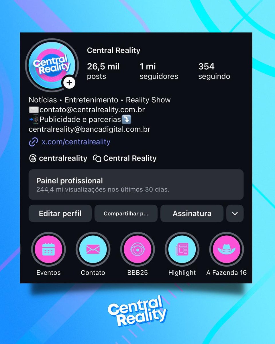 🚨SOMOS 1 MILHÃO NO INSTAGRAM! 

Há quase 5 anos, surgia, de forma despretensiosa, a Central Reality. No início, tudo não passava de um hobby de um fã de reality shows que adorava comentar os programas no Twitter e jamais imaginava que, um dia, a página alcançaria tantas pessoas.