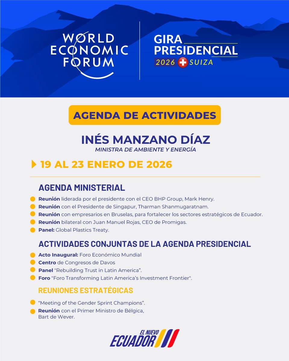 EcuadorMAE's tweet photo. 🇨🇭[AGENDA INTERNACIONAL]🇧🇪

📍La política internacional del Gobierno Nacional es fundamental para atraer inversiones y contribuir con el desarrollo de las familias.

➡️Conoce las principales actividades que cumplirá la ministra @inesmanzano, durante la gira en la que acompañará al presidente @DanielNoboaOk, en Suiza y Bélgica.

#ElNuevoEcuador