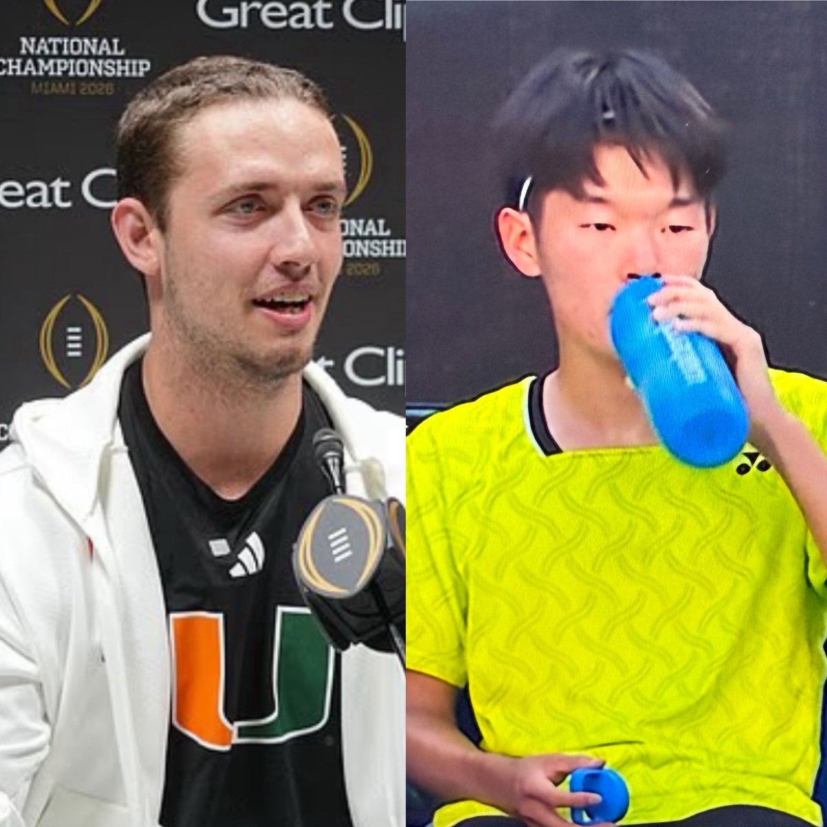AmyLundyDahl's tweet image. The split screen of one college athlete (Carson Beck) describing how he doesn’t go to class and makes ~$5 M while the other college athlete (Michael Zheng) attends Columbia, grinds thru a 5-set win &amp;amp; cannot accept his relatively modest #AustralianOpen prize $—
… is very real 🤔