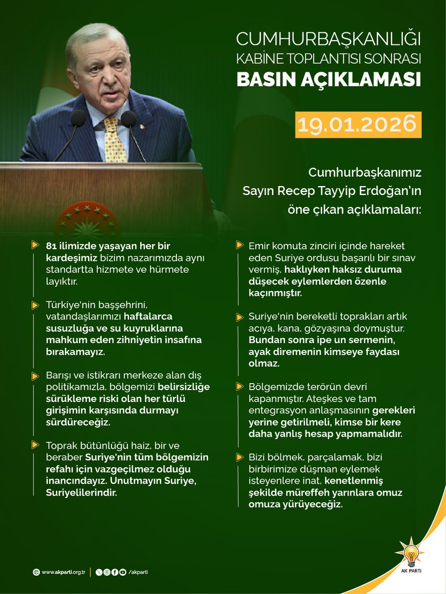 Cumhurbaşkanımız Sayın Recep Tayyip Erdoğan’ın, Cumhurbaşkanlığı Kabine Toplantısı sonrası öne çıkan açıklamaları.