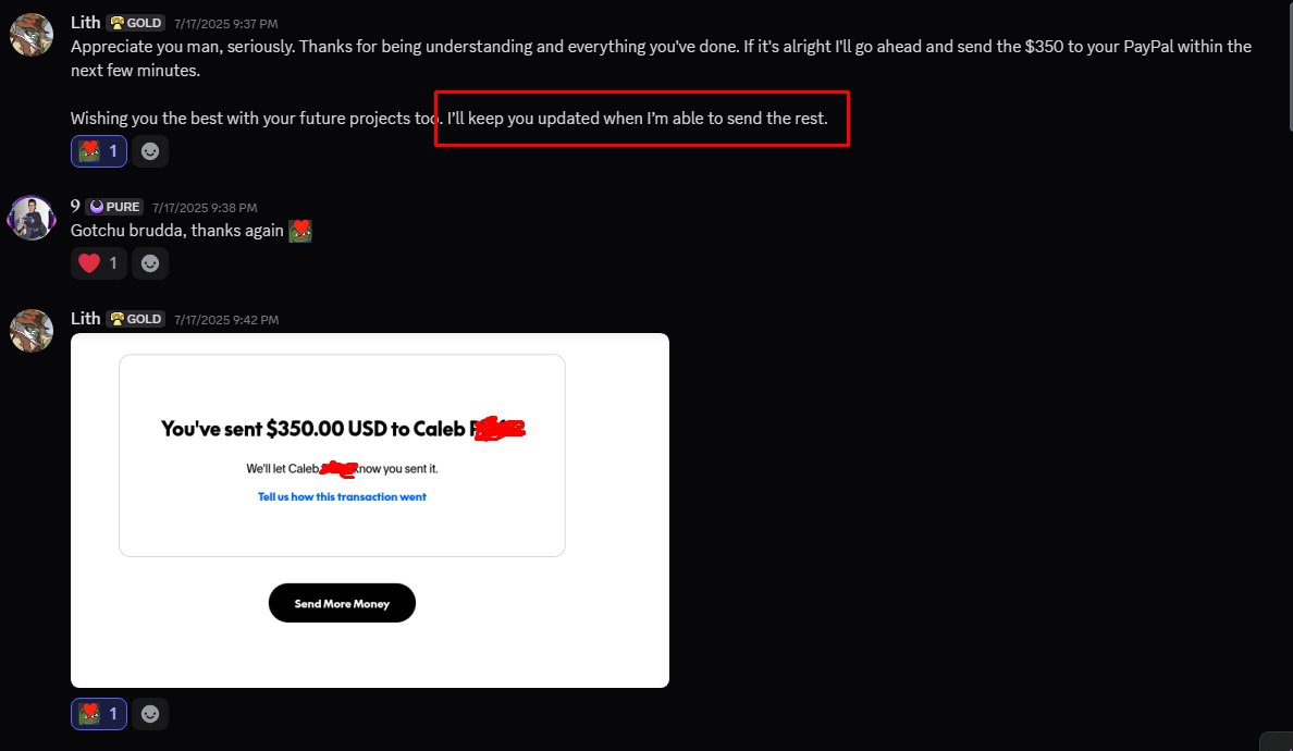 SFXNine's tweet photo. SCAMMER ALERT! SCAMMER ALERT! #RobloxDevs #RobloxDev #ROBLOX #RDC2026

@LithHash and @default_thebot scammed me out of $497.

I did over 120 seconds of sound designs, and was sent $350, while being told the rest of my money ($497) would come. It never came. https://t.co/94MMxqvW9m