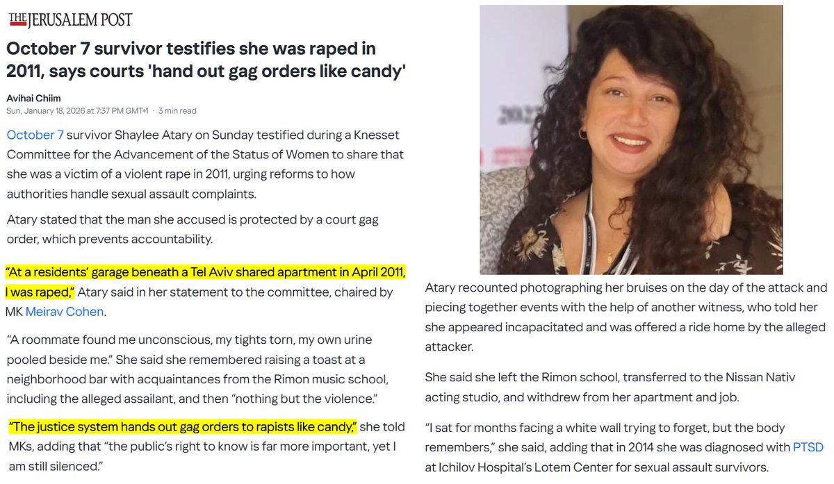 BREAKING: A former Israeli prisoner in Gaza has testified that she was violently raped. By an Israeli. Then the court system protected him because, she says, "the Israeli judicial system hands out gag orders to rapists like candy". She was safer in Gaza with Hamas than in Israel