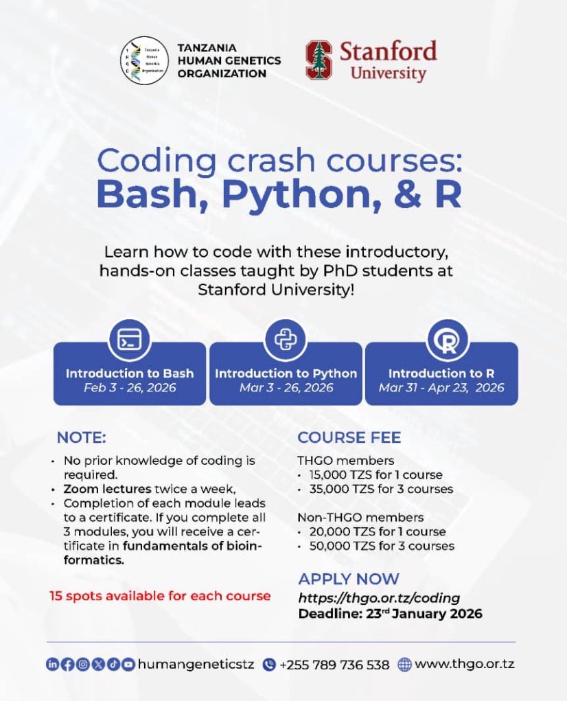 humangeneticstz's tweet photo. Ready to start your coding journey? 💻✨

Join our Coding Crash Courses in Bash, Python & R 
Learn from Stanford PhD students and earn a certificate in bioinformatics fundamentals. 
📌 Limited slots available apply https://t.co/C0CsVLPGxG before 23rd Jan 2026

NB: Indicated fees payable after successful selection 

#CodingCrashCourse #Bioinformatics 
#Humangeneticstz