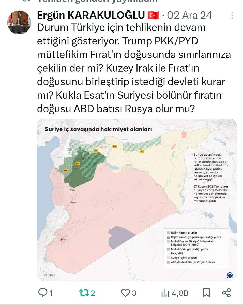 PKK, hukuken ve belgeli sahiplenildi.

PKK, özerklikten öte, buralar benim, geri kalana ortağım dedi.

PKK terörü, sonrası için güvence aldı.

ABD tarafların imzası ile Suriyede kaldı.

Türkiye, terör örgütü yerine ABD yi karşısına aldı.

Türkiye ABD ye komşu oldu. 

İşimiz zor.