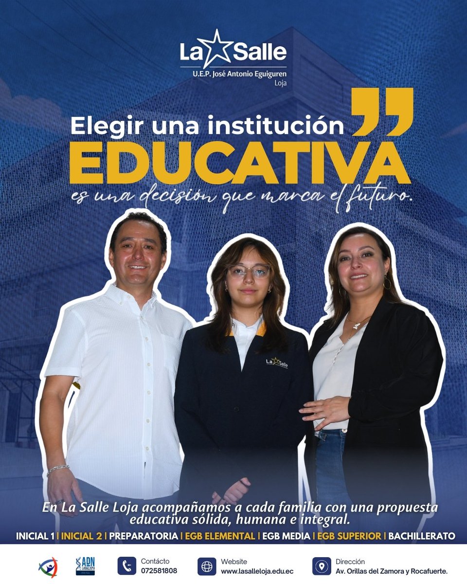 Elegir la escuela y el colegio de tus hijos es elegir quiénes serán mañana.  En La Salle Loja los acompañamos con valores, cuidado y una educación para la vida.
🎓 Admisiones abiertas 2026 - 2027.
Más información: 👉 lasalleloja.edu.ec