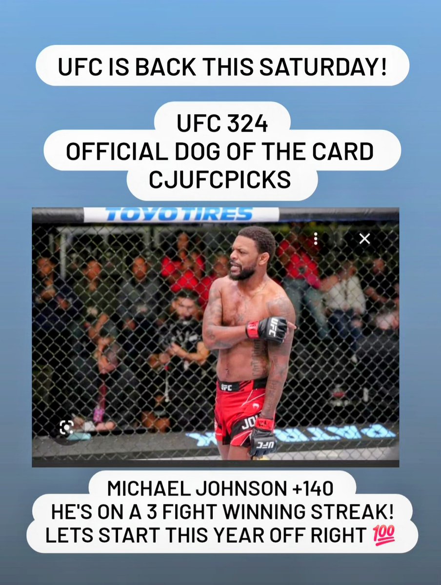 CJUFCPicks's tweet image. After 6 long weeks... UFC IS BACK baby and so is CJUFCPICKS! Plan on absolutely killing it this year so join me for the ride and let's make that money! #UFC324 #ufcppv #ufcpicks #ufcpredictions #michaeljohnson #underdog #justingaetje #paddypimblett #andnew #fight #knockout #fyp
