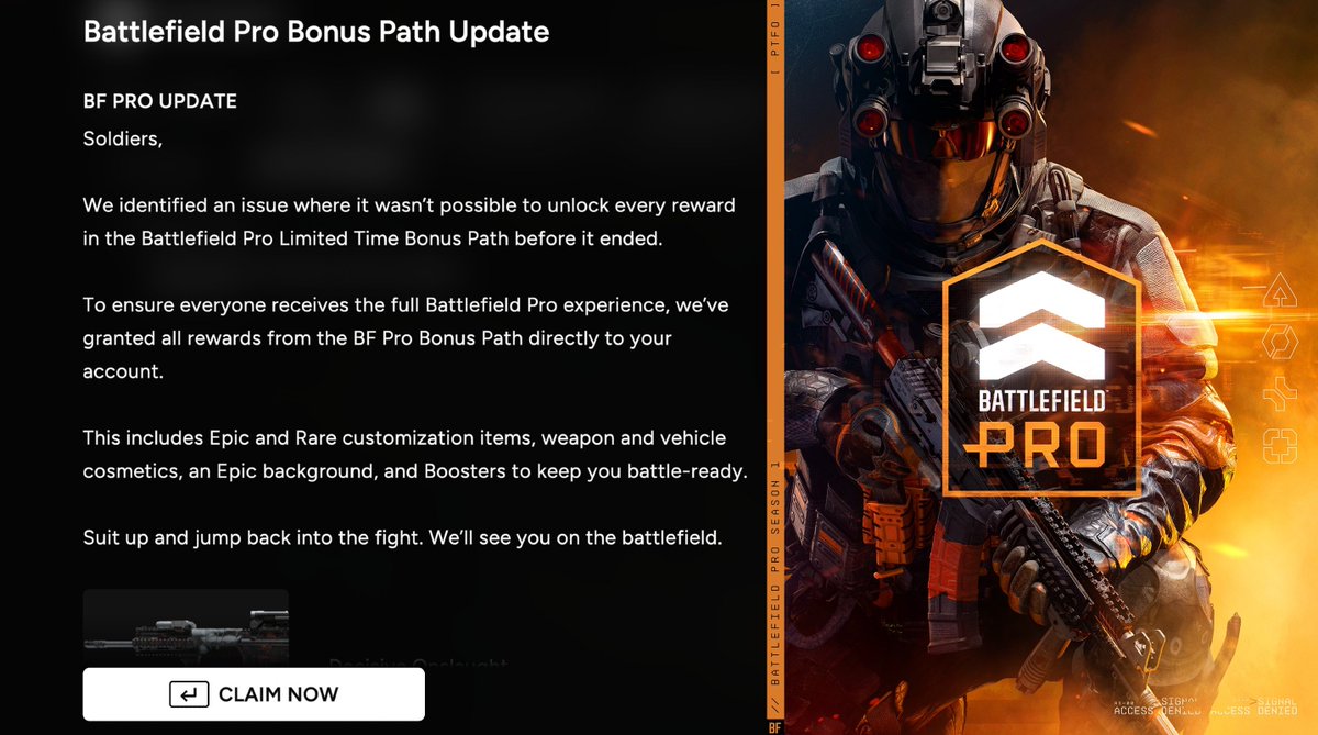 #Battlefield6 Backend Update: Battlefield Studios has granted all rewards from the BF Pro Bonus Path to all players directly to their account.

Check your in-game inbox and claim the rewards 📩 🎁