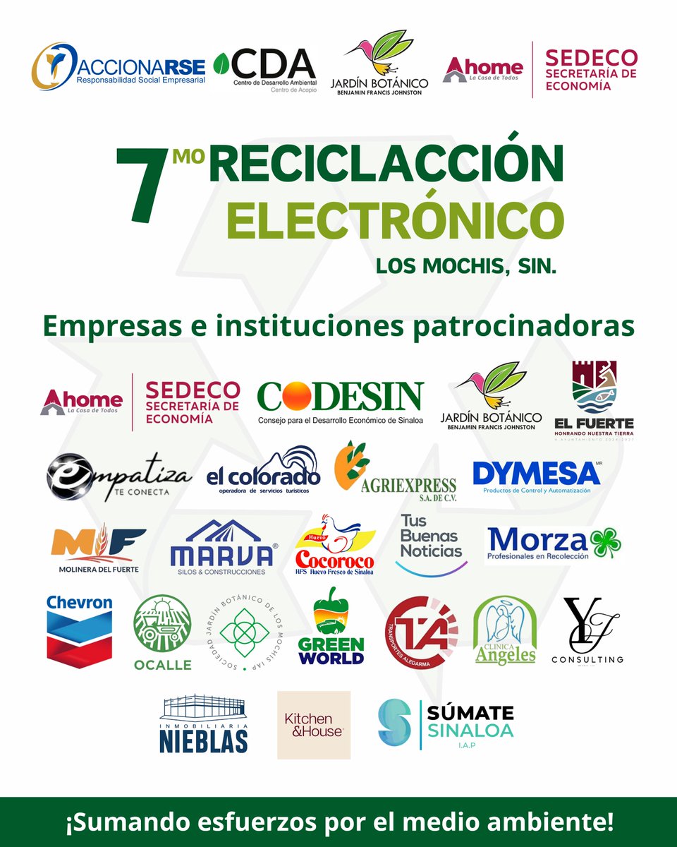 Ellos hacen que esto suceda♻️

Gracias a nuestros patrocinadores por creer en este proyecto y sumarse al cambio

Su apoyo impulsa el 7° Reciclón Electrónico en Los Mochis y nos acerca a un futuro más sostenible

Juntos cuidamos el planeta🌎

#ReciclajeElectrónico