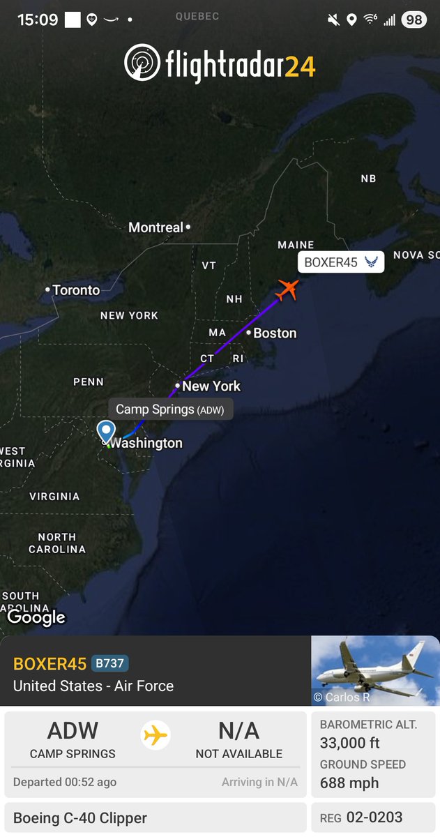 Borrowed7Time's tweet photo. USAF C-40 Clipper 02-0203 #AE11FA as BOXER45 will be outbound over the Atlantic from JB Andrews to an undetermined destination. 
@sipjack1776 @LadyAstroJet https://t.co/jqmBVjzwEn