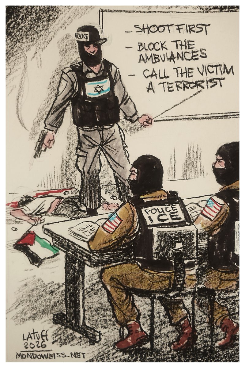 From Palestine to Minneapolis, ICE and Israel use the same violent playbook 

Cartoon by <a href="/LatuffCartoons/">Carlos Latuff</a>