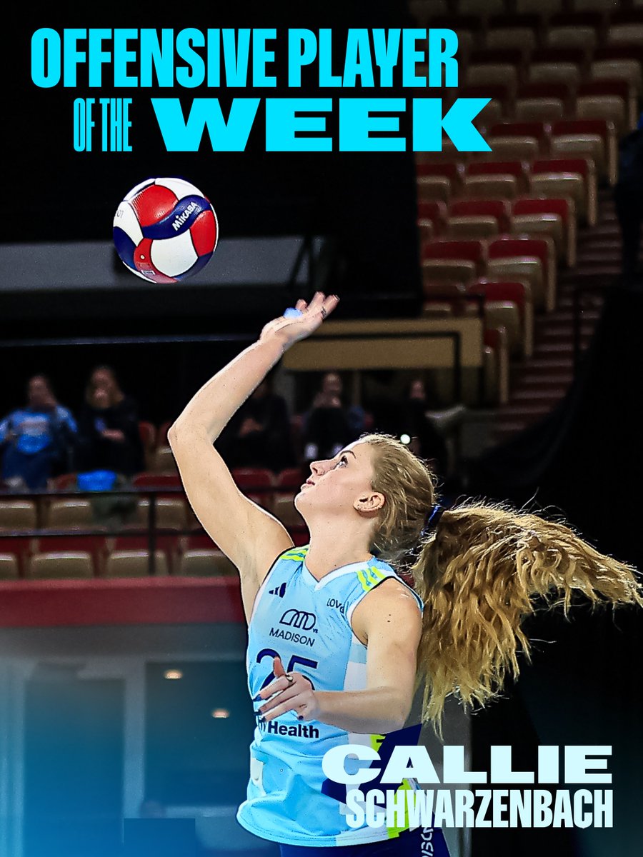 lovbmad's tweet photo. MAKE SOME NOISE FOR YOUR OFFENSIVE PLAYER OF THE WEEK‼️ 

😤 17 POINTS, leading ALL athletes!
😤 .479 HIT%
😤 Scored on over 60% of her swings
😤 Defensively tallied three blocks
😤 Ranked SECOND in the league with 1.29 blocks per set

Go Callie!!🩵 #WeMad https://t.co/lGbrzA8Nik
