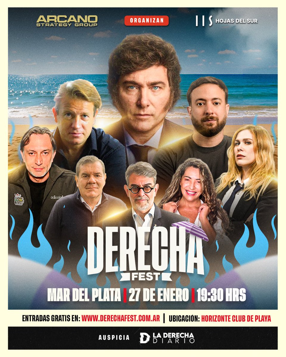 DerechaFest's tweet image. 🔥 ORADORES CONFIRMADOS

📍 Mar del Plata
🗓️ 27 de enero
🕢 19:30 hs
📌 Horizonte Club de Playa
🎟️ Entradas GRATIS: derechafest.com.ar

Organizan: @ArcanoASG @hojasdelsur
Auspicia @laderechadiario