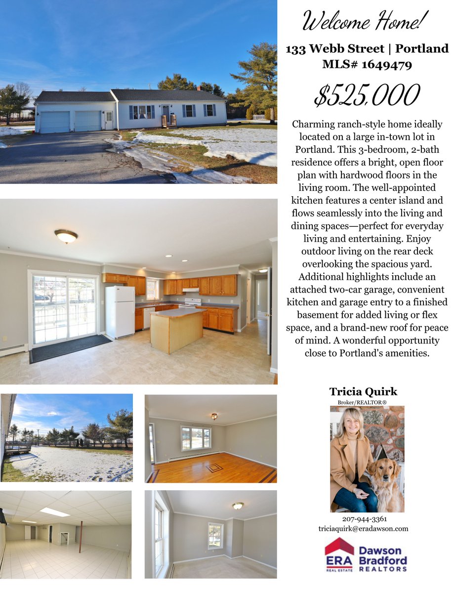 🏡 Just Listed
133 Webb Street | Portland
💲 $525,000

• 3 Beds 🛏️ | 2 Baths 🛁
• Open layout &amp; hardwood floors ✨
• Kitchen with island 🍽️
• Deck &amp; spacious yard 🌿
• Finished basement + 2-car garage 🚗
• New roof ✔️
• Close to amenities 📍

📞 Tricia Quirk
207-944-3361