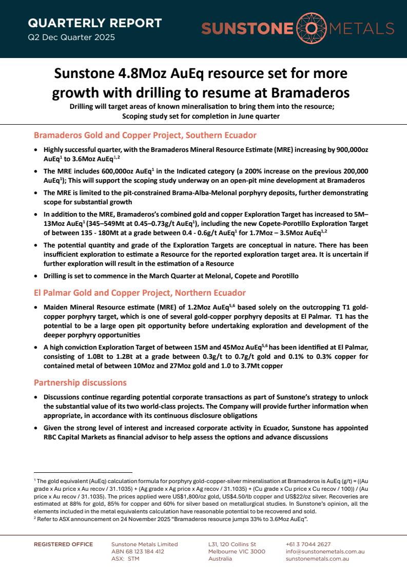 SunstoneMetals's tweet photo. Sunstone Metals is pleased to share its December 2025 Quarterly Report. 

#gold #copper #silver $STM 

https://t.co/nPnDz0sEKK https://t.co/u7dErqMv1A