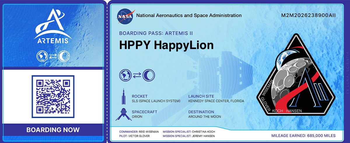 HappyLionHPPY's tweet photo. @NASA 🦁 HappyLion is going up 🚀 with Artemis II 🌑
🦁 Be a HappyLion, Buy a HappyLion, Stay a HappyLion, Hold $HPPY
#NASA #artemis2 #goingup #boardingpass https://t.co/BExjOlA4dp