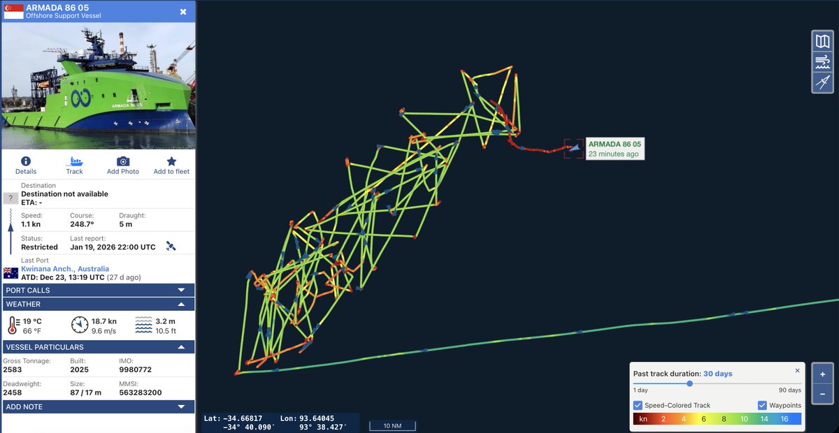 jaysguitars's tweet image. #MH370 #OceanInfinity Here is a current look at Armada 86 05's track in the search area. Wind and seas appear to be moderating somewhat. #vesselfinder