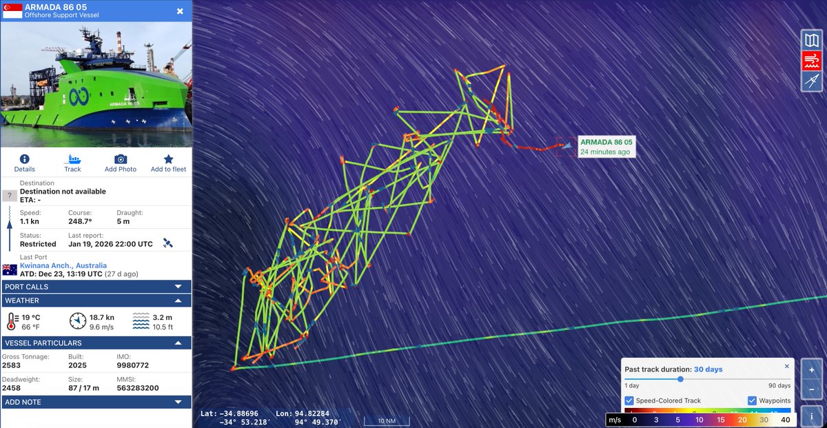 jaysguitars's tweet image. #MH370 #OceanInfinity Here is a current look at Armada 86 05's track in the search area. Wind and seas appear to be moderating somewhat. #vesselfinder