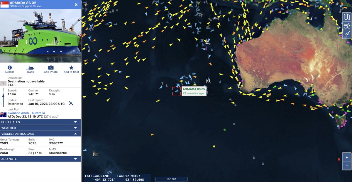 jaysguitars's tweet image. #MH370 #OceanInfinity Here is a current look at Armada 86 05's track in the search area. Wind and seas appear to be moderating somewhat. #vesselfinder