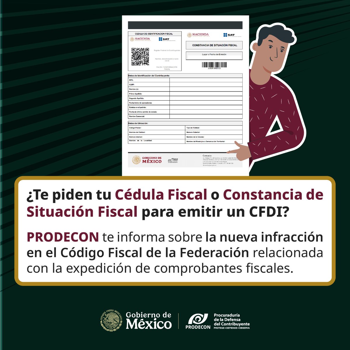 ProdeconMexico's tweet image. #PRODECONTeInforma 🔊

🧐 Entérate de la sanción que se aplicará a la persona, empresa o establecimiento que condicione la expedición de un Comprobante Fiscal a la exhibición de la Constancia de Situación Fiscal o Cédula de Identificación Fiscal. 📄😲

Considerando la…