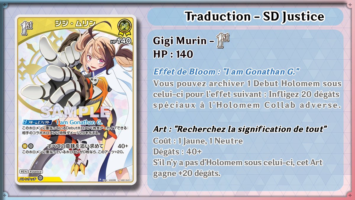 BS_OCG's tweet photo. -- Présentation SD Advent / Justice --
[Fan Traduction FR]

Shiori Novella - Debut C - hSD12-003
Gigi Murin - 1st U - hSD13-011

#holoOCGFR #hOCGFR #holoOCG #hOCGEN #hololiveTCG #ホロカ #hololive https://t.co/iUVAMD5Qxw