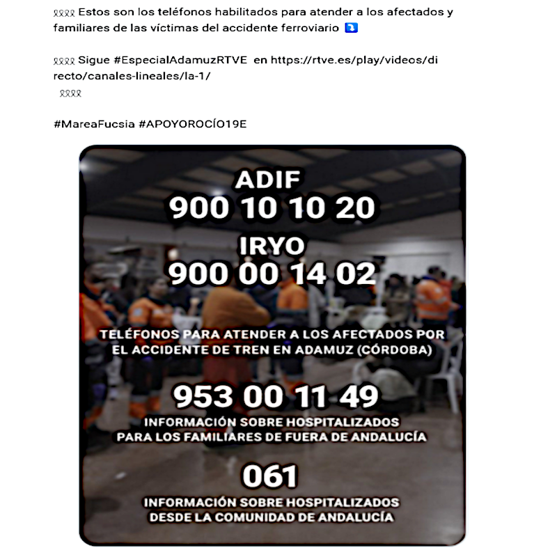 𓍲𓍲𓍲𓍲 Estos son los teléfonos habilitados para atender a los afectados y familiares de las víctimas del accidente ferroviario ⤵️

𓍲𓍲𓍲𓍲 Sigue #EspecialAdamuzRTVE  en rtve.es/play/videos/di…  𓍲𓍲𓍲𓍲

#MareaFucsia #APOYOROCÍO20E