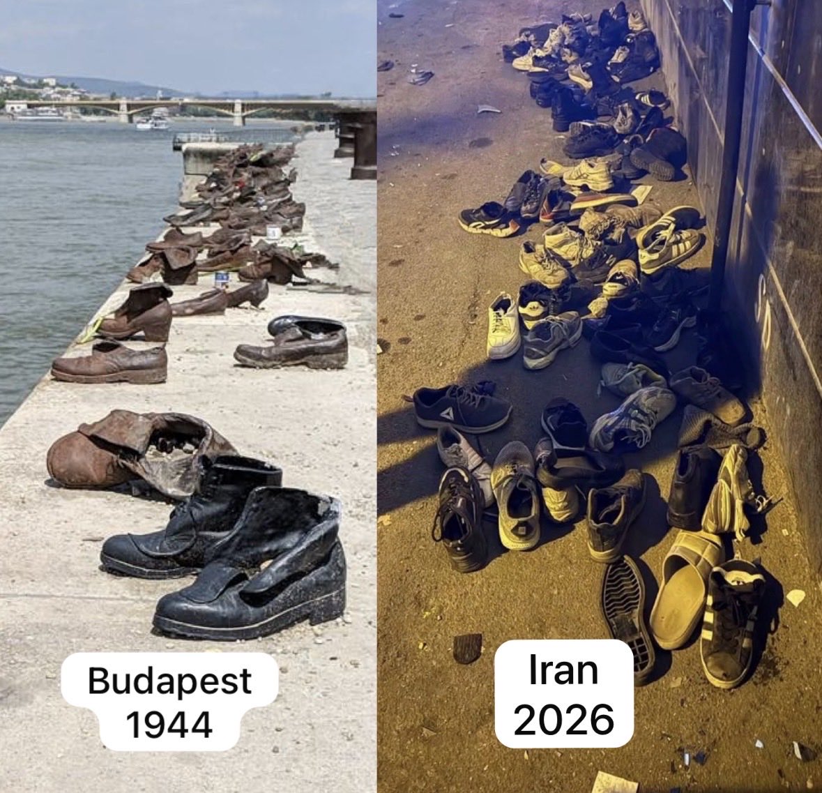 sharareh_azizi's tweet image. The photo on the left is a memorial to the Jewish victims in Budapest: shoes in remembrance of prisoners who were drowned in the Danube River in WW2.
The photo on the right shows the streets of Iran: shoes left behind by protesters who were killed.Two narratives, one destiny.