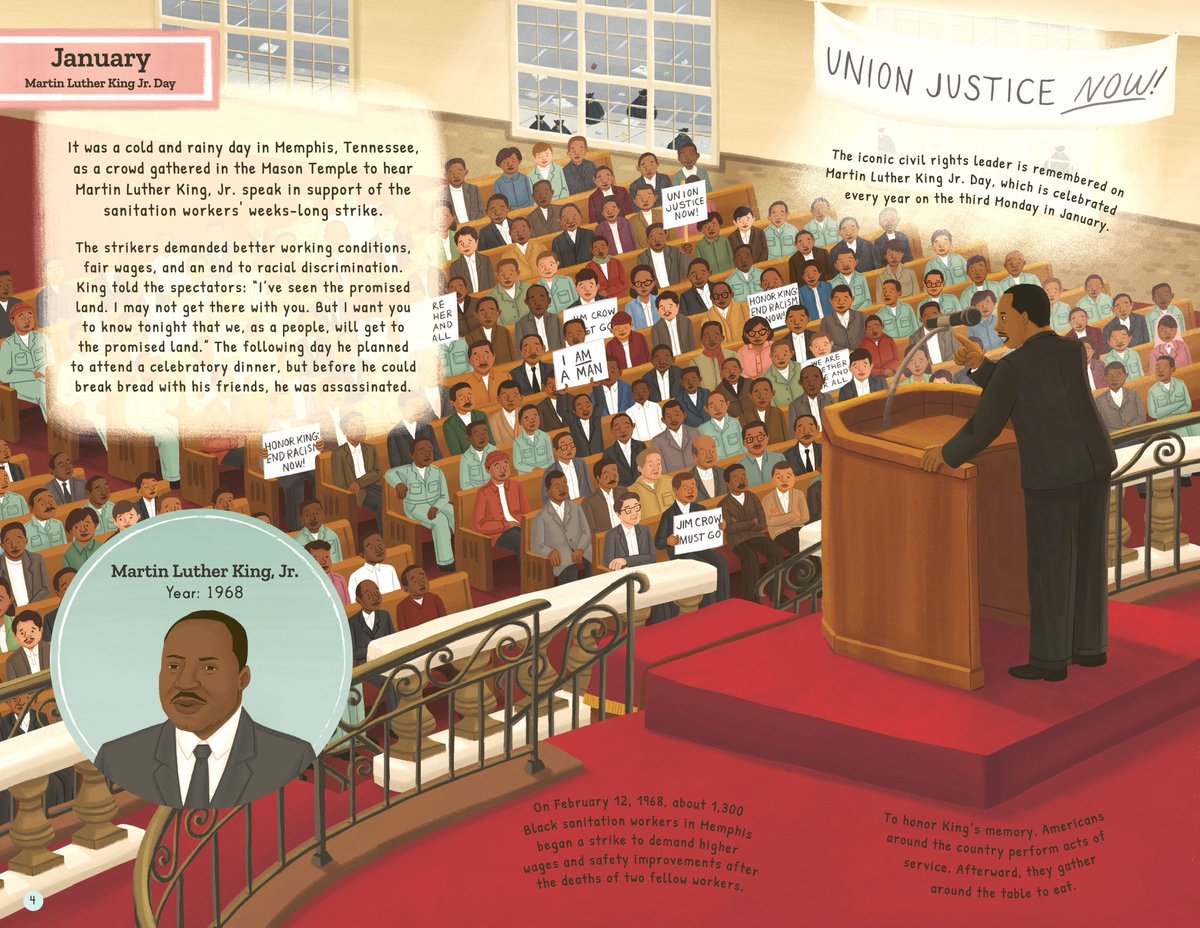 alleannaharris's tweet photo. Happy MLK Day! Here’s an illustration of MLK Jr in the Mason Temple giving his legendary “I’ve Been to the Mountaintop” speech in support of the weeks long Memphis Sanitation workers’ strike. You can zoom in a little bit to read the facts. #MLKDay #kidlitart https://t.co/2kPsmInlxs
